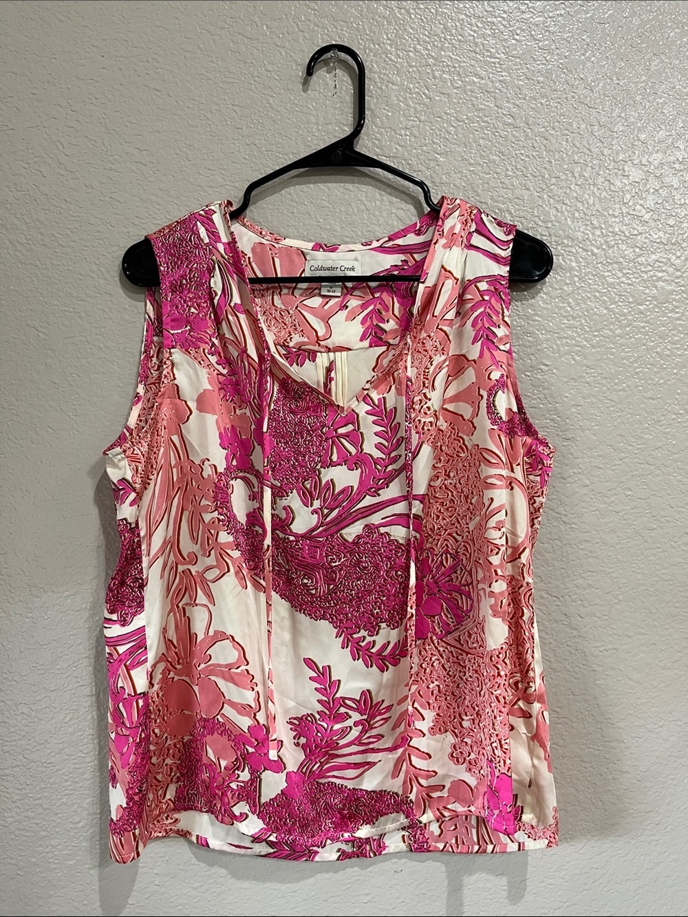 Coldwater Creek Pink Cream Floral Tie-Front Sleeveless Top Sz M Office TC0303